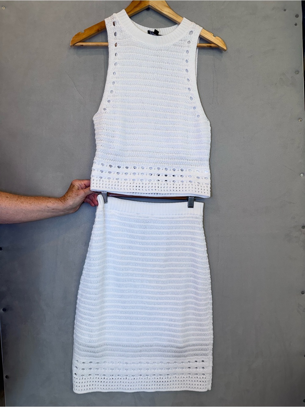 Express Crochet Knit Matching Set M White Tank Top Midi Skirt Resort Coastal